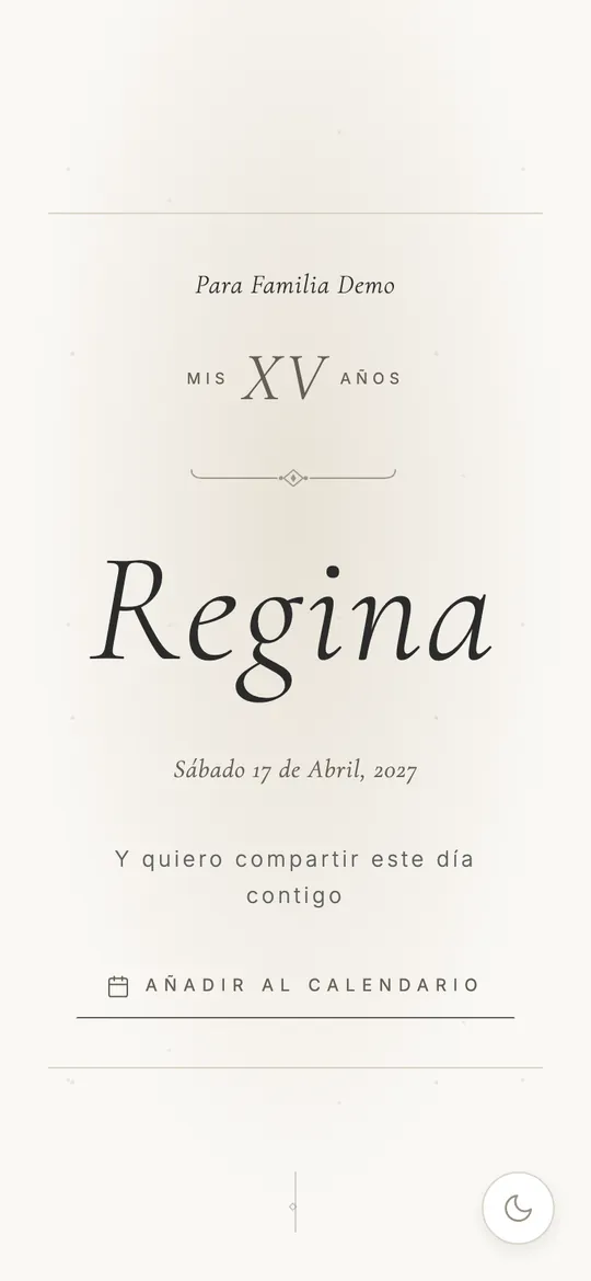 La invitación de Regina abierta en un teléfono, con «Para Familia Demo» en la portada